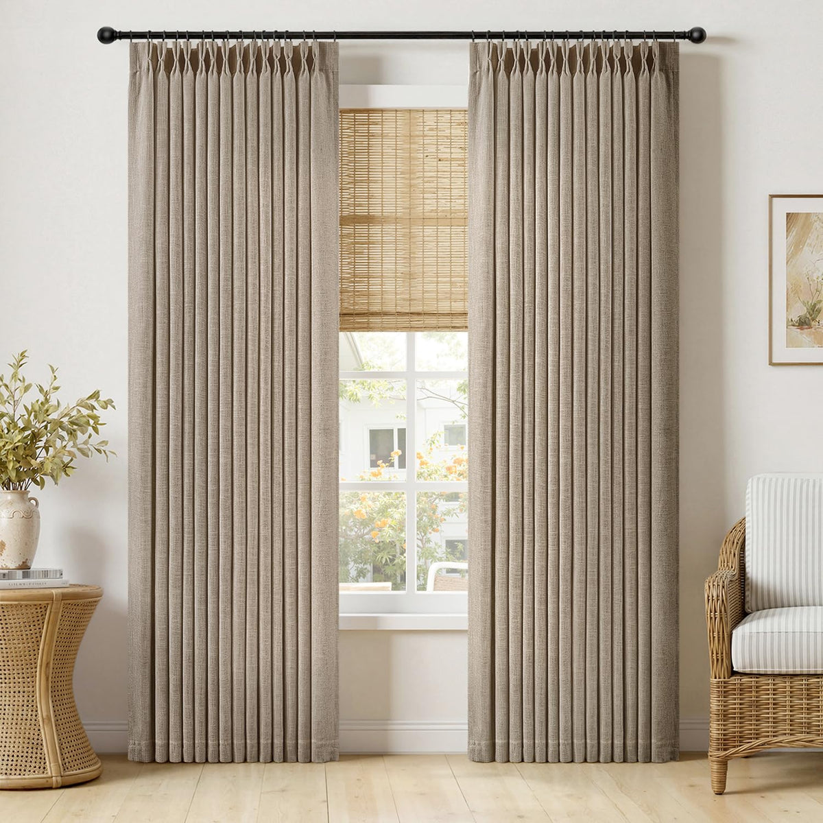 MIULEE Pinch Pleated Linen Curtains 96 Inches Long Beige White 2 Panels