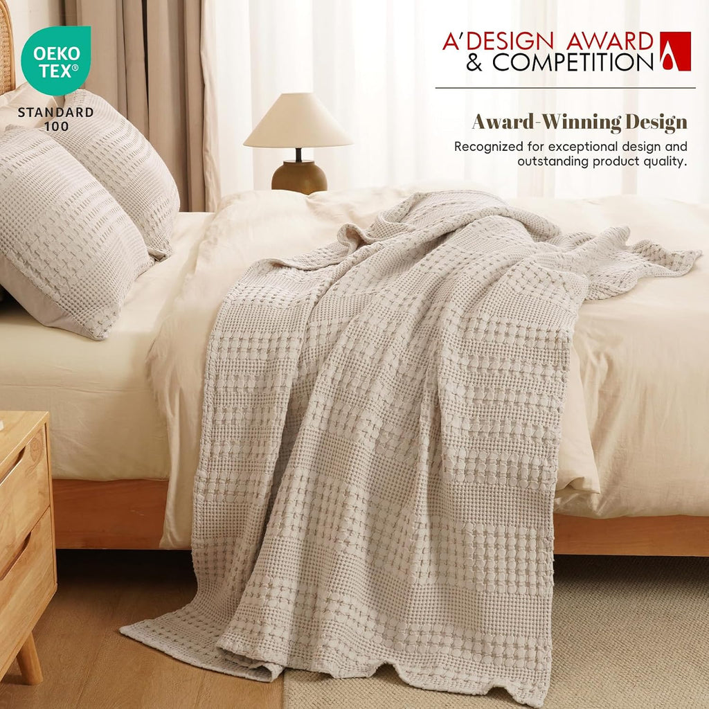 PHF Lightweight 100% Cotton Waffle Throw Blanket for Couch, Light Taupe