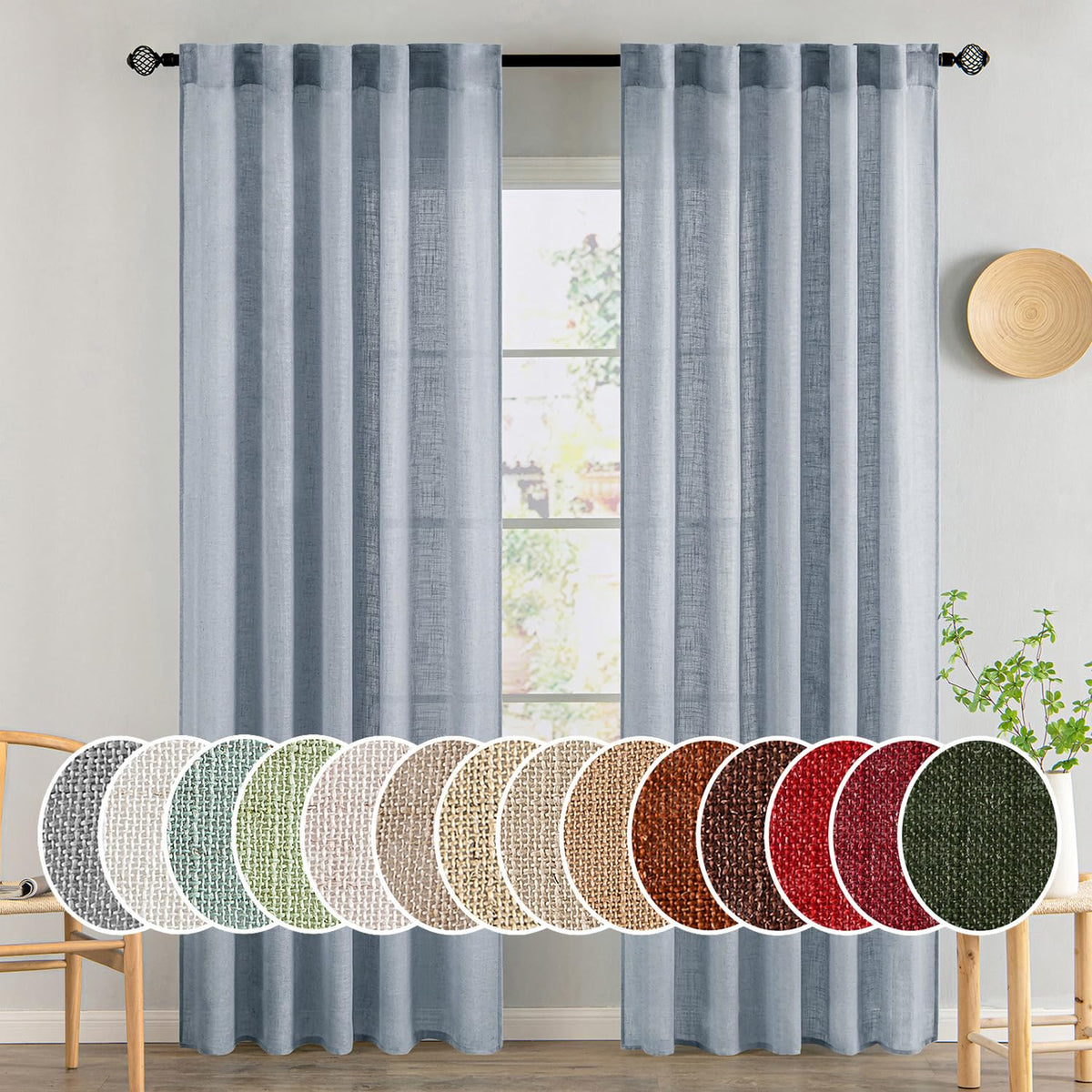 MIULEE Natural White Linen Curtains 52x90 Inch Long 2 Panels for Bedroom