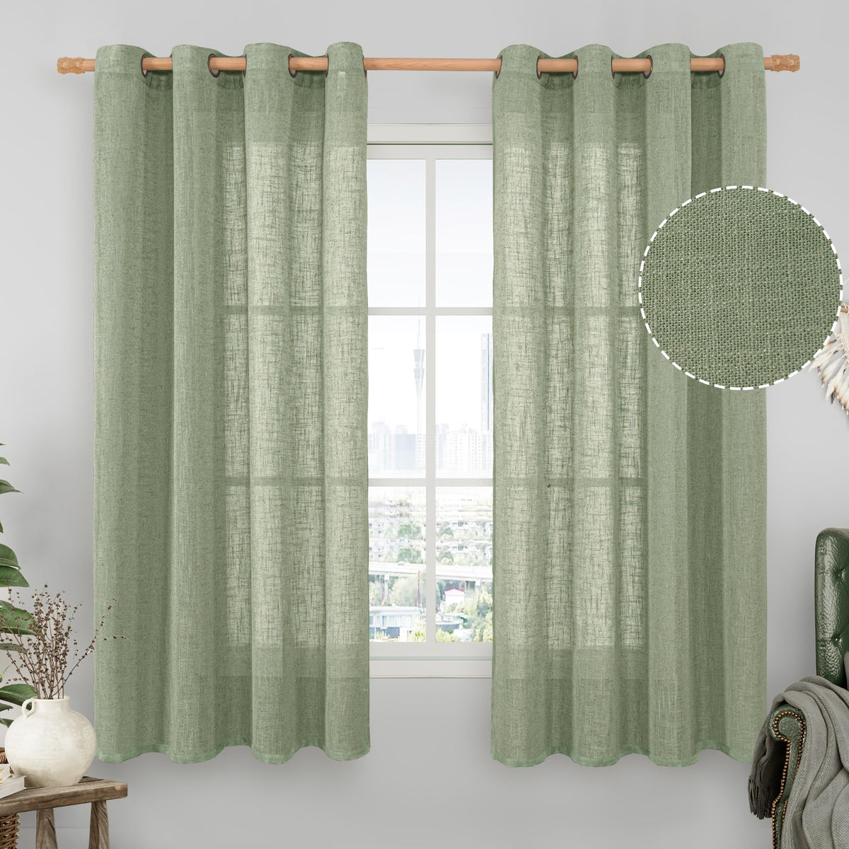 LAMIT Cream Ivory Linen Semi Sheer Curtains 84 inch Length for Bedroom