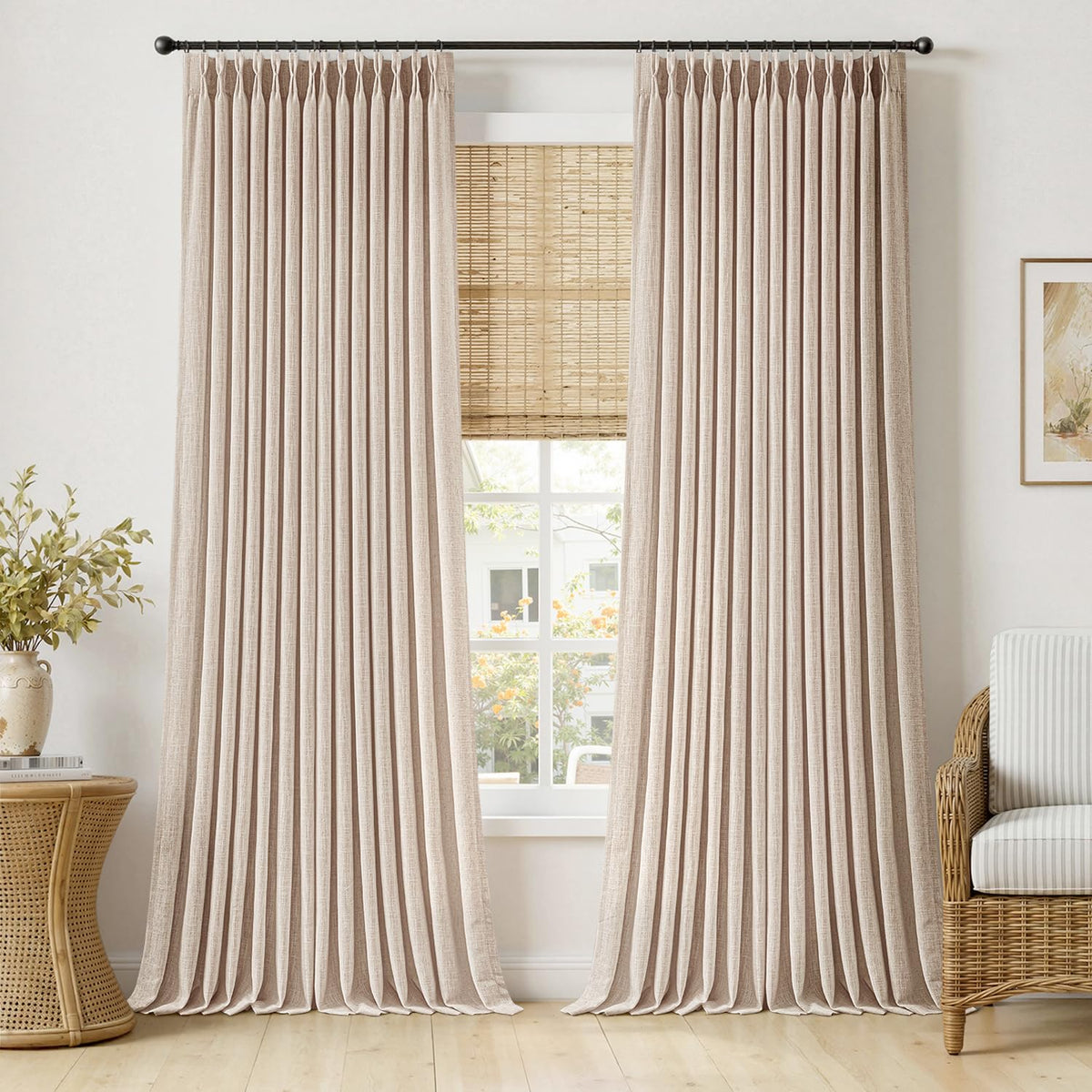 MIULEE Pinch Pleated Linen Curtains 96 Inches Long Beige White 2 Panels