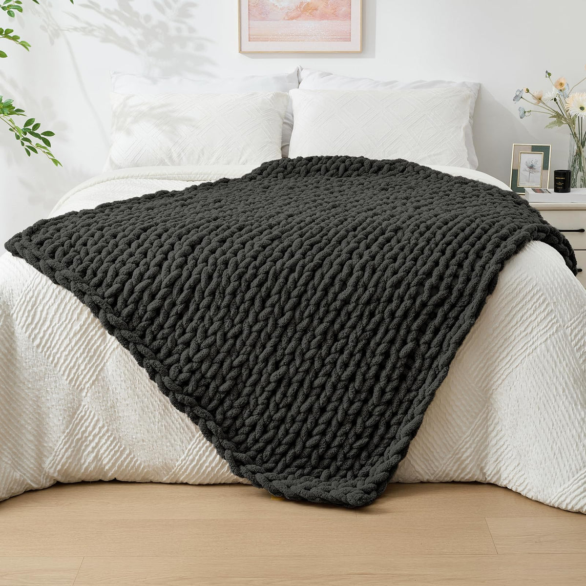 Bigacogo Chunky Knit Throw Blanket for Couch, 40x60 inches, Beige