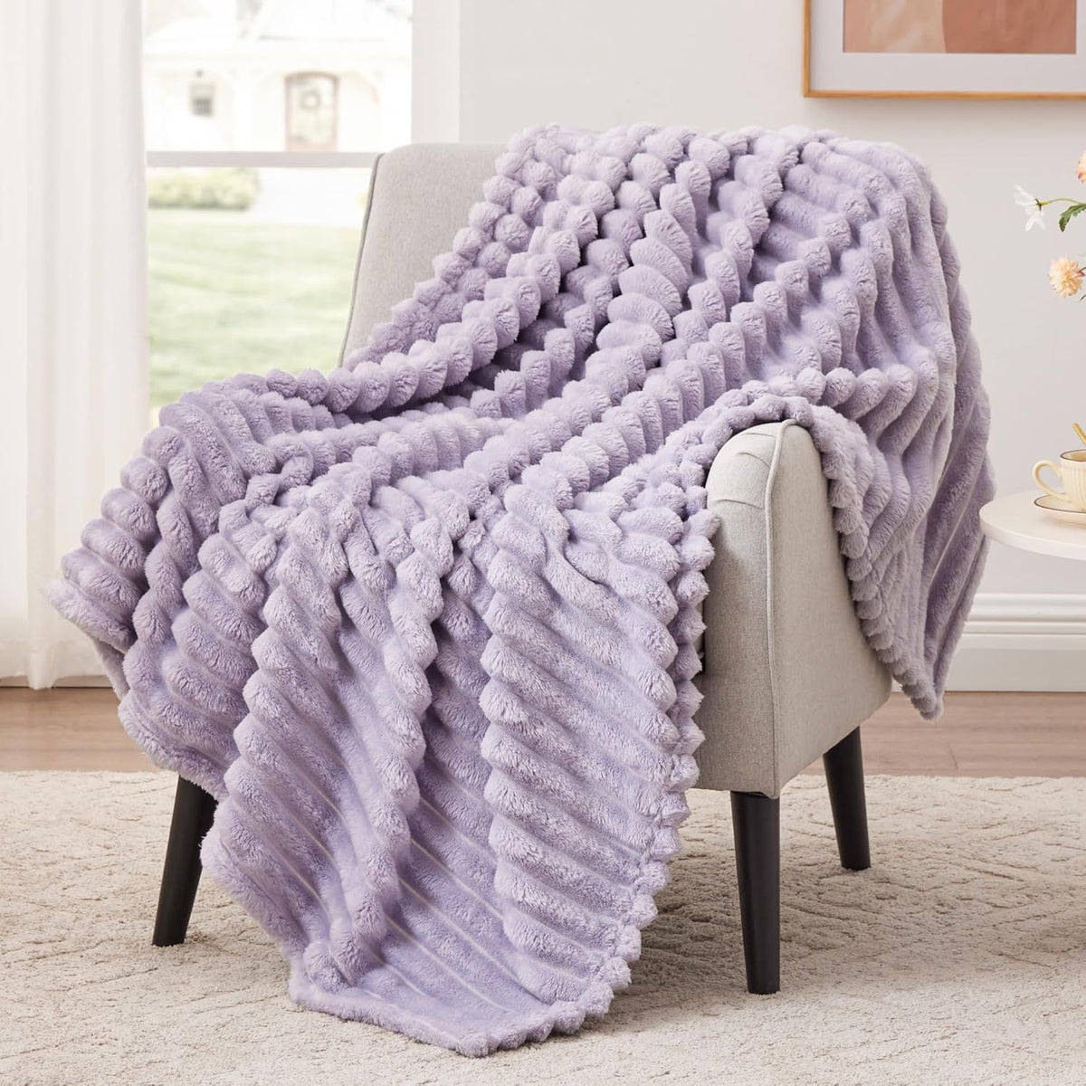 EXQ Home Stripe Jacquard Throw Blanket Light Purple for Couch Gentle Soft