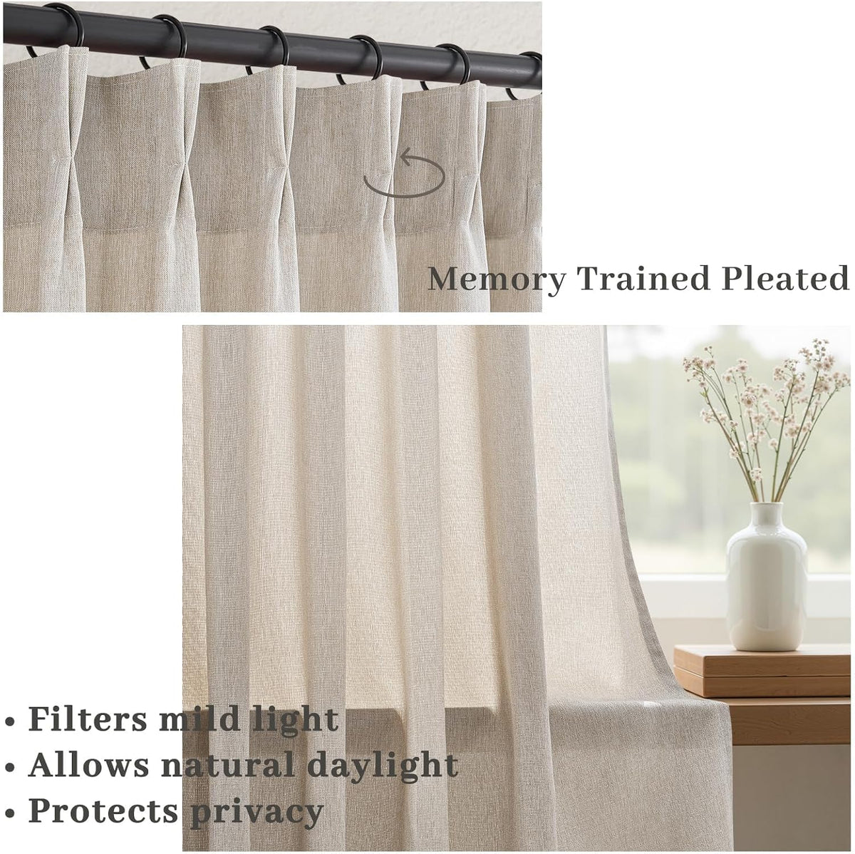96 Inches Long Pinch Pleated Semi Sheer Curtains,Natural Linen Blended Light Filtering Window Curtains 96 Length for Living Room Bedroom Pinch Pleat Drapes with Hooks 2 Panels 72" Wx96 L