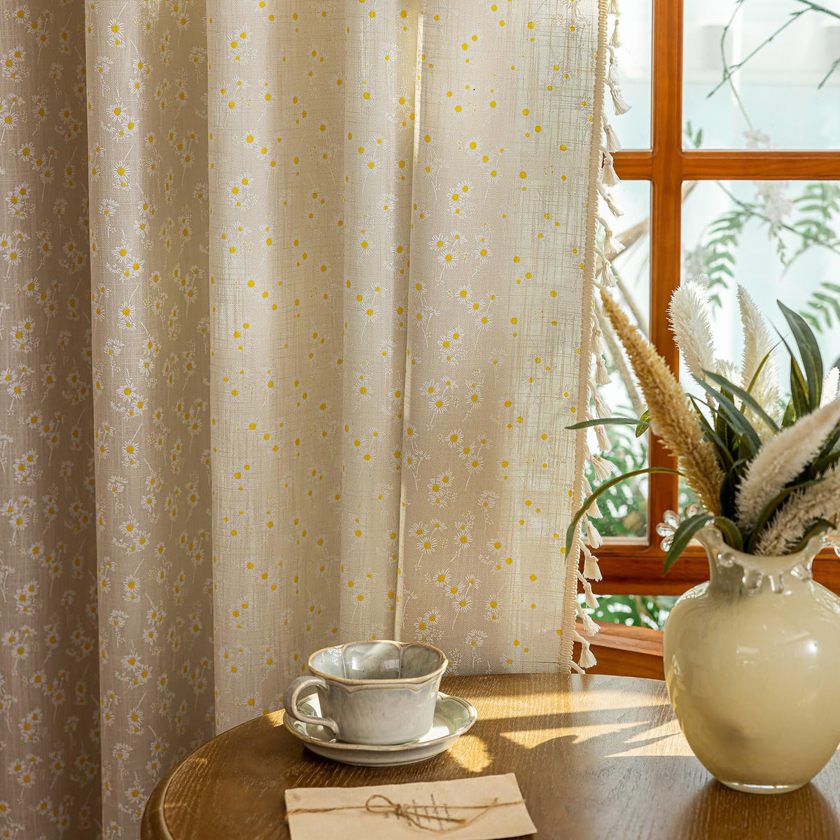 ENJOYBRIDAL Floral Curtains 84 Inch Long Living Room Boho Drapes Bedroom 2 Panels Semi Sheer Floor Length Window Curtain Panels Vintage Rod Pocket Tassel Farmhouse Nursery Window Treatments