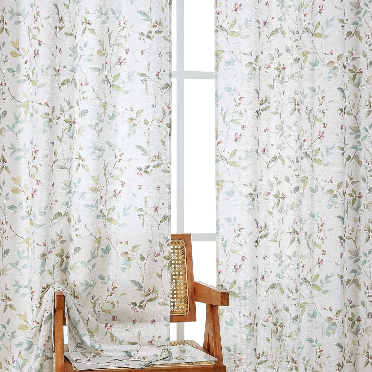 Chyhomenyc Roman Linen Blend Curtains 45 Inch Length 2 Panels, Light Filtering Soft Airy Leaf Floral Printed Rod Pocket Textured Window Treatment Drapes for Living Room Bedroom, 38Wx45L Inch, 2 PCS