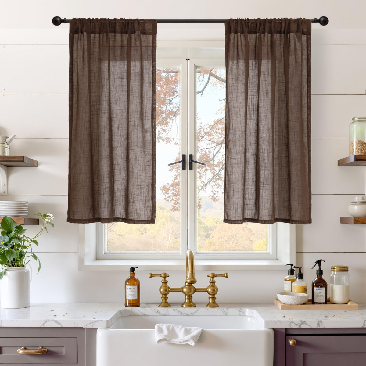 BGment Tan Linen Curtains 84 Inch Length 2 Panels Burlap Semi Sheer Drapes