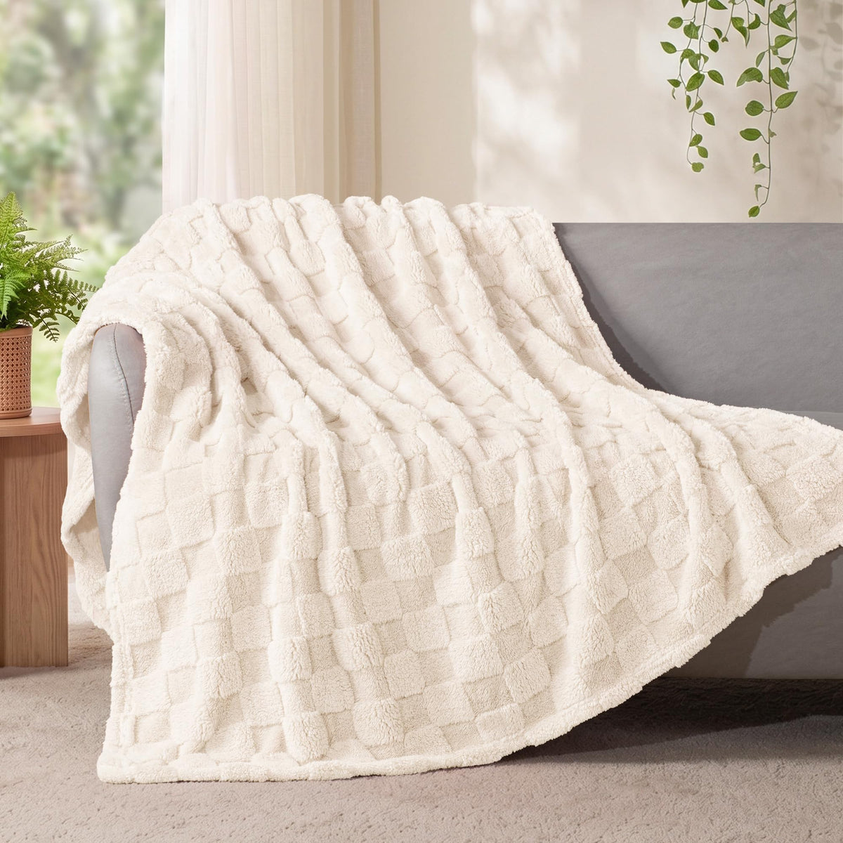 Exclusivo Mezcla 3D Checkered Fleece Throw Blanket for Couch, Ivory