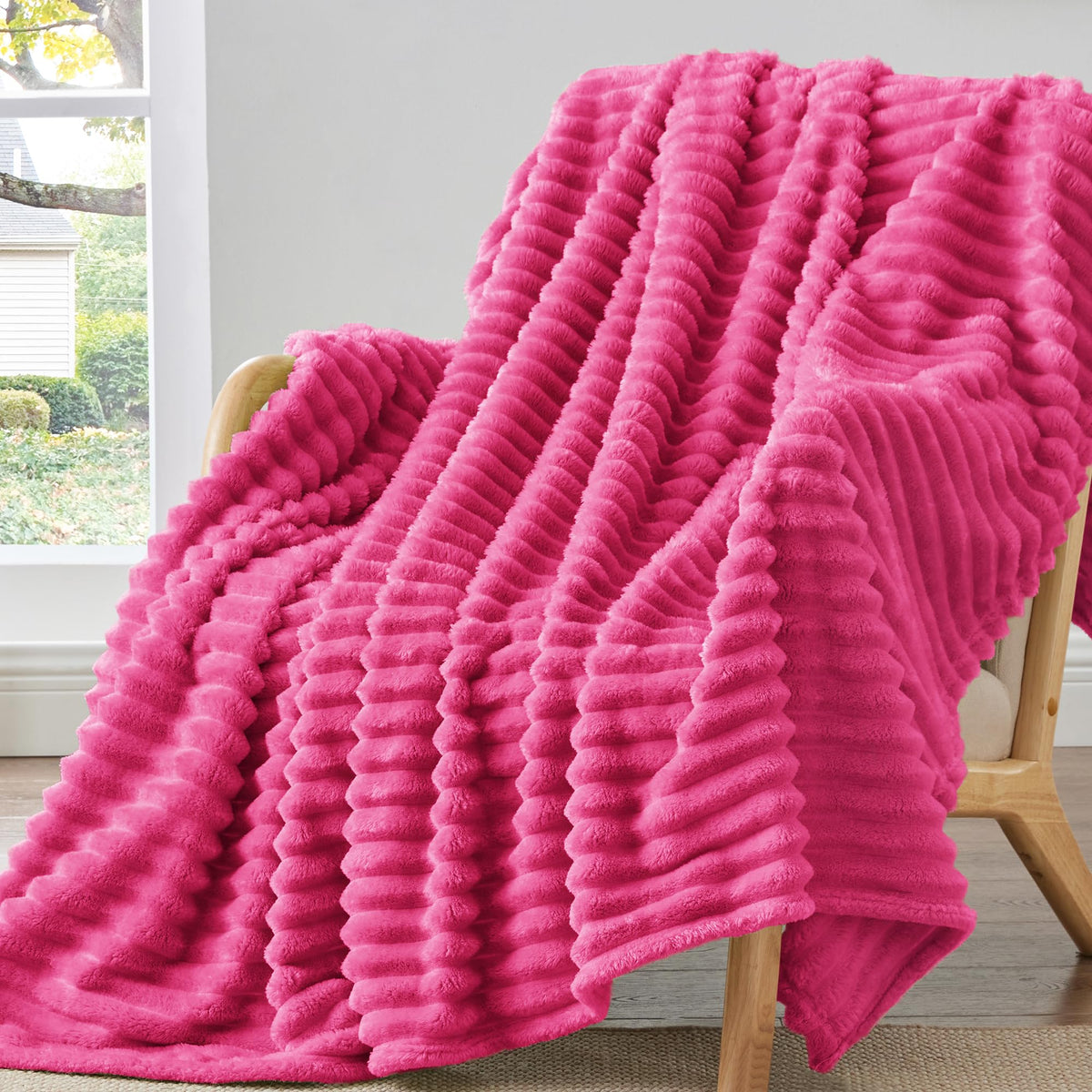 BEDELITE Ribbed Fleece Throw Blanket for Couch, Cream, 50"x60"