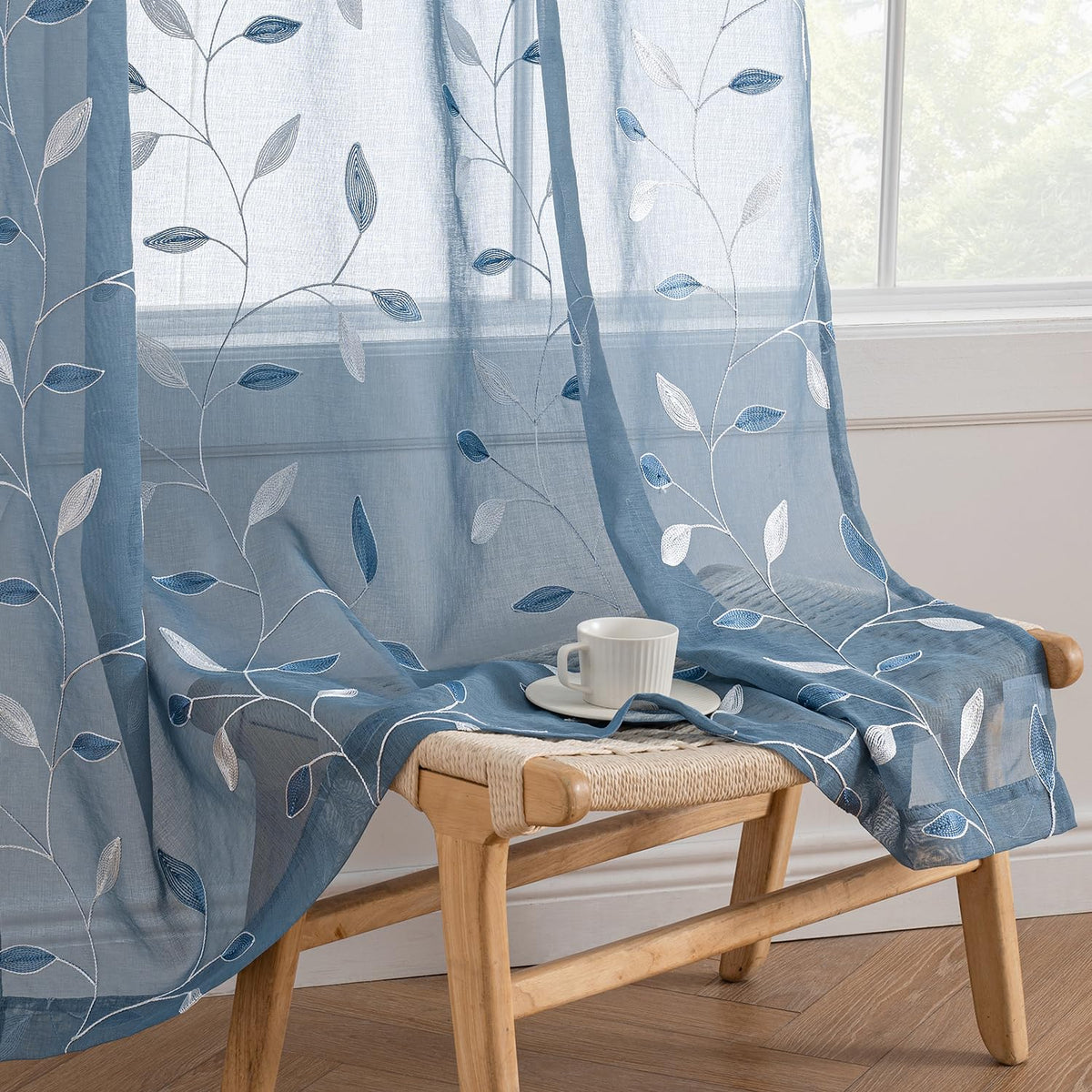 MIULEE Sage Green Sheer Curtains 2 Panels Leaf Patterned, W52 x L84