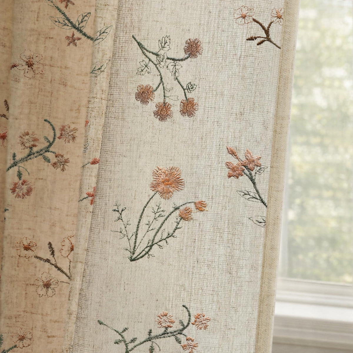 Boho Floral 100% Blackout Curtains 84 Inch 2 Panels Linen Texture