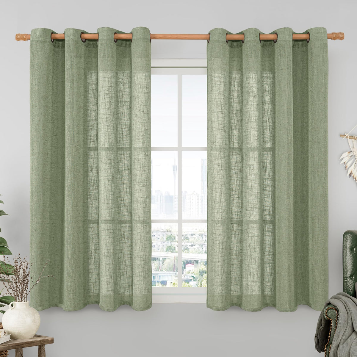 LAMIT Cream Ivory Linen Semi Sheer Curtains 84 inch Length for Bedroom