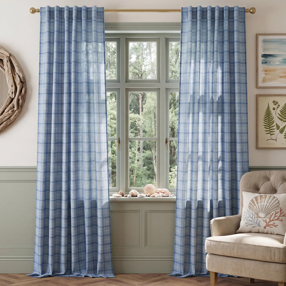 NICETOWN Moss Green Linen Plaid Curtains 96 inches Long for Bedroom