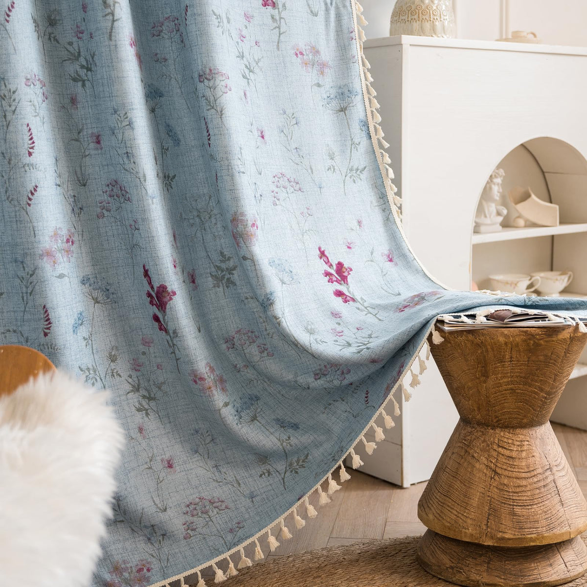 ENJOYBRIDAL Floral Curtains 84 Inch Long Living Room Boho Drapes Bedroom 2 Panels Semi Sheer Floor Length Window Curtain Panels Vintage Rod Pocket Tassel Farmhouse Nursery Window Treatments