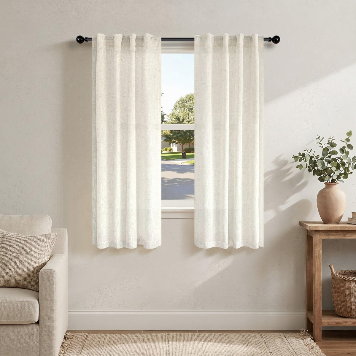 Natural Linen Back Tab Curtains 84 Inch Length for Living Room 2 Panel Pocket Drape Light Filtering Semi Sheer Neutral Country Rustic Farmhouse Boho Curtain Bedroom Muslin Look Ivory Cream Colored