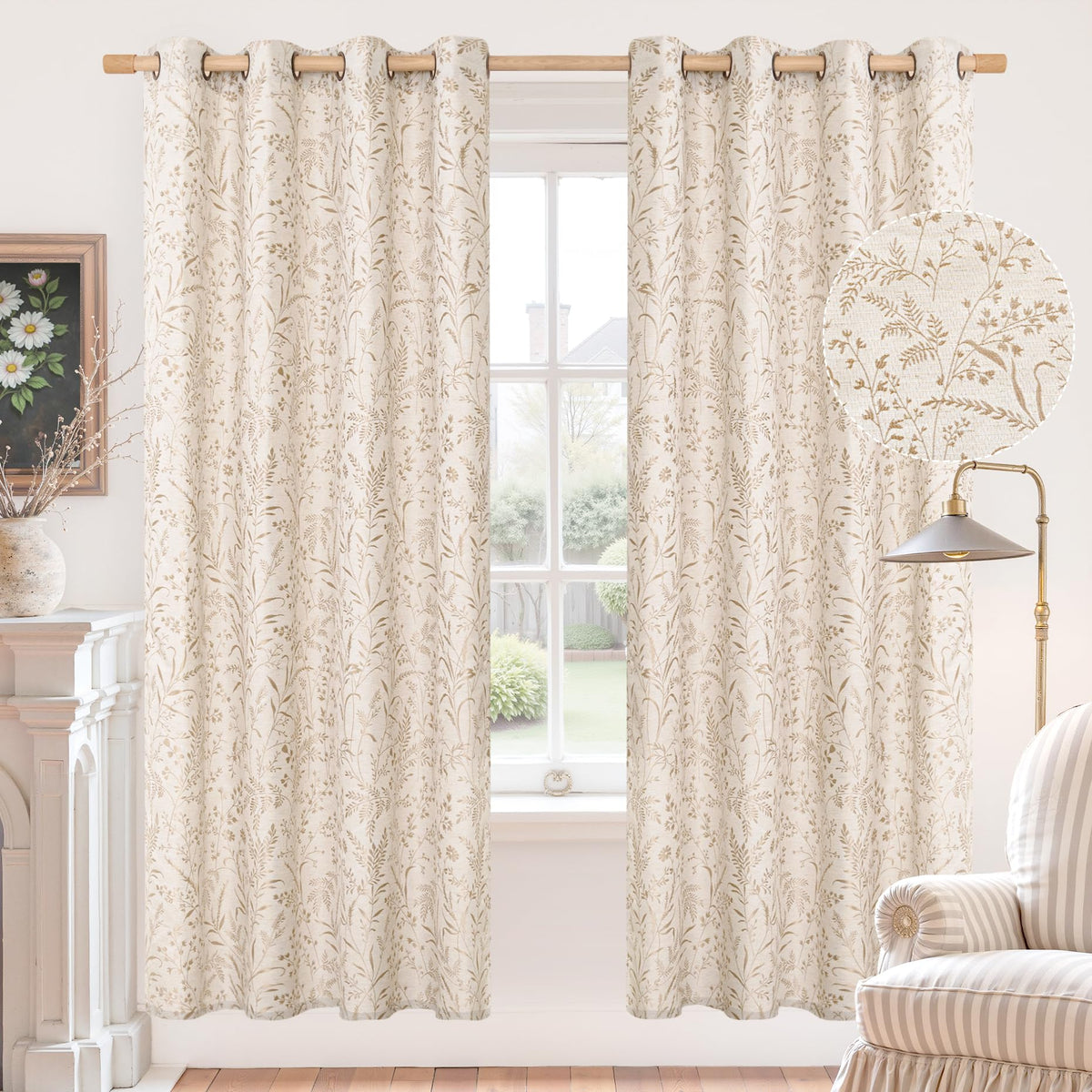 BGment Green Leaf Linen Curtains for Living Room 84 Inch Length 2 Panels