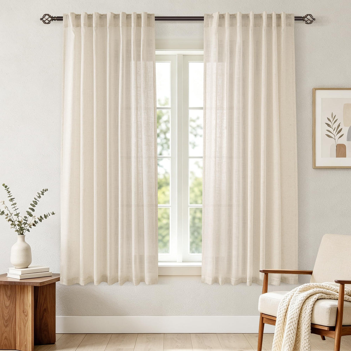 96 inch Long Linen Curtains 2 Panels for Living Room Back Tab Cream Ivory Light Filtering Semi Sheer Curtain 96 inches Long Boho Farmhouse Rustic Linen Drapes Floor to Ceiling Length 8 FT