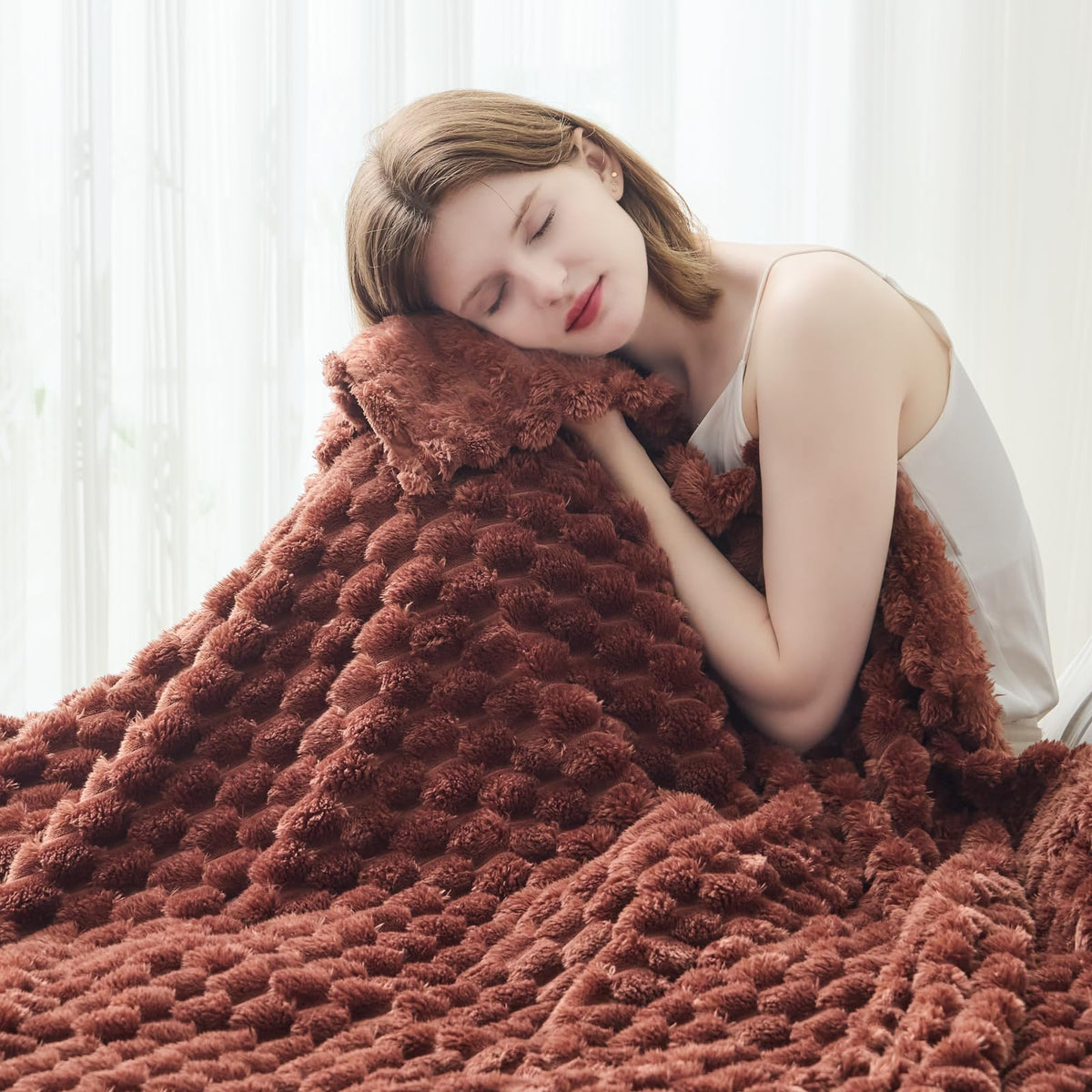 NEWCOSPLAY Fleece Ribbed Cozy Throw Blanket for Couch, Pink, 50"x60"