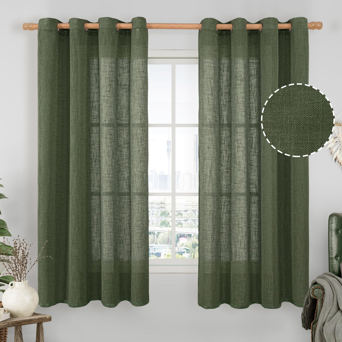 LAMIT Cream Ivory Linen Semi Sheer Curtains 84 inch Length for Bedroom