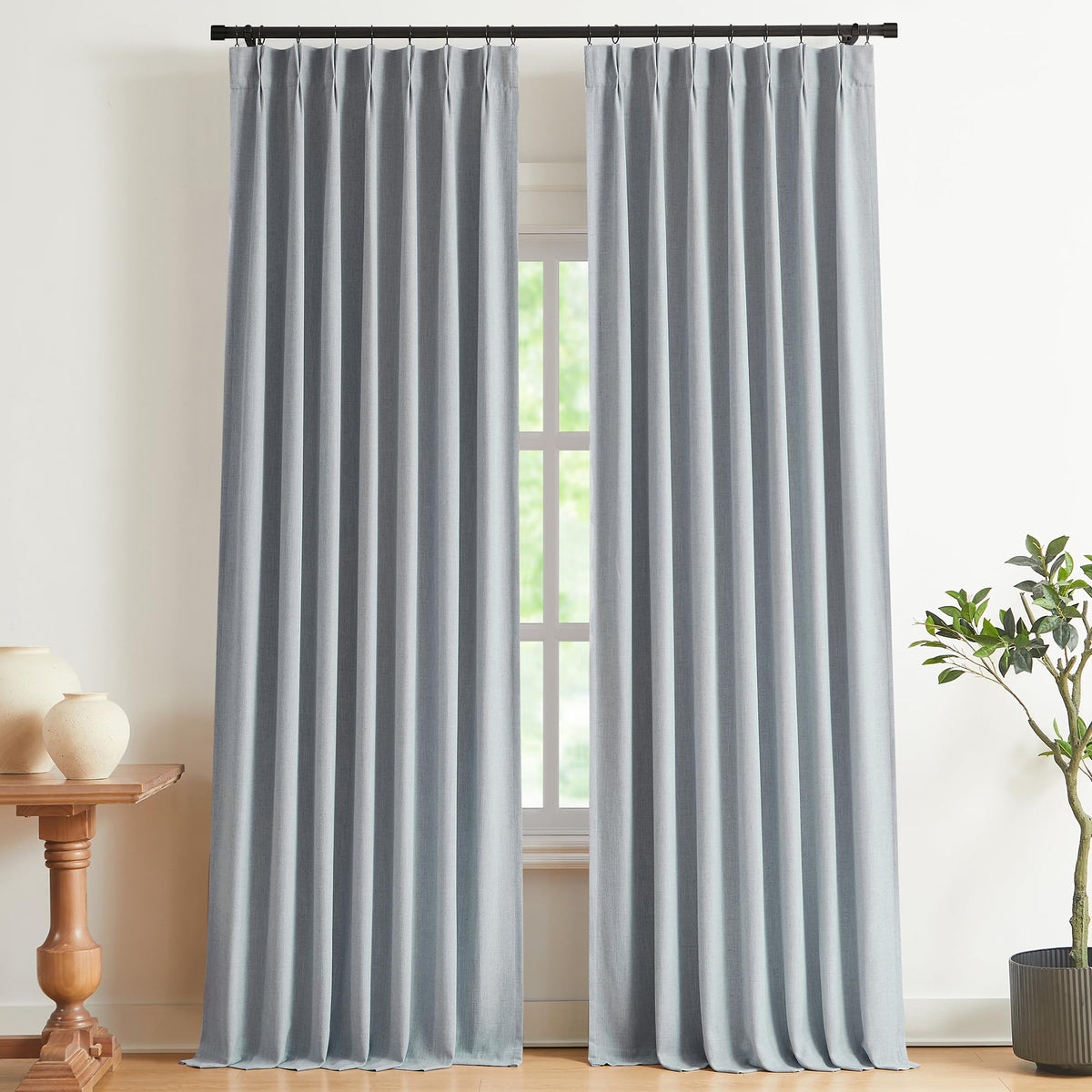 Vision Home Pinch Pleated Full Blackout Curtains Linen Blended Room Darkening Window Curtains 84 inch for Living Room Bedroom Thermal Insulated Pinch Pleat Drapes with Hooks 2 Panel 40"Wx84"L,Blue Fog