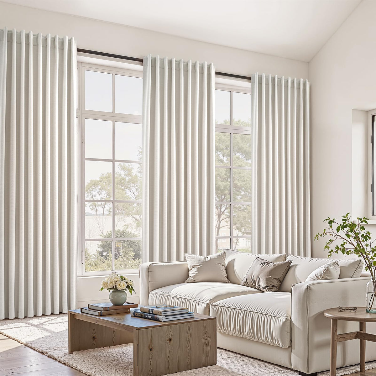 Topfinel Linen Blackout Curtains 96 Inch Long, Boho Farmhouse Ivory Birch Viral Drapes Pinch Pleated Curtains with Hooks for Living Room, Neutral 8 FT Back Tab Bedroom Curtains 52" X 96" 2 Panels