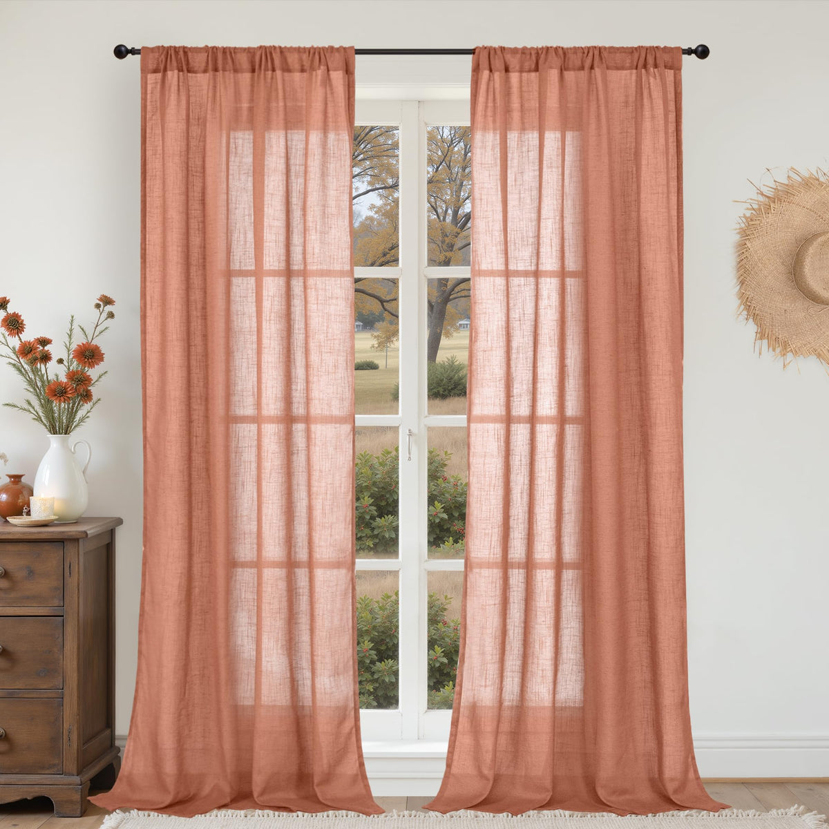 BGment Tan Linen Curtains 84 Inch Length 2 Panels Burlap Semi Sheer Drapes