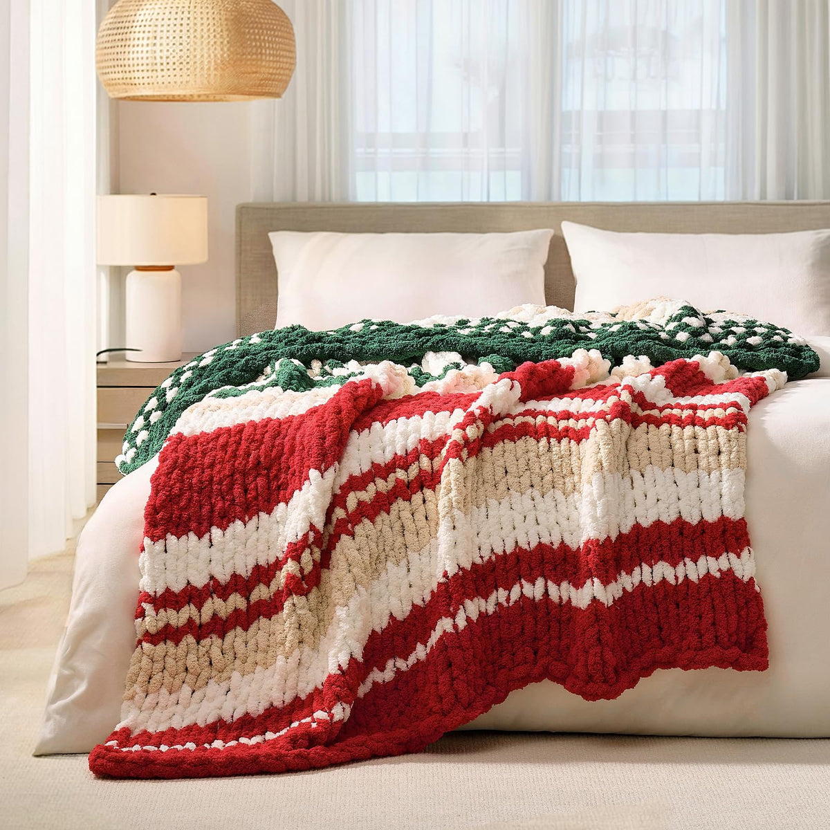 L'AGRATY Chunky Knit Throw Blanket for Couch, 50'' x 60'' Knit Throw, Ivory