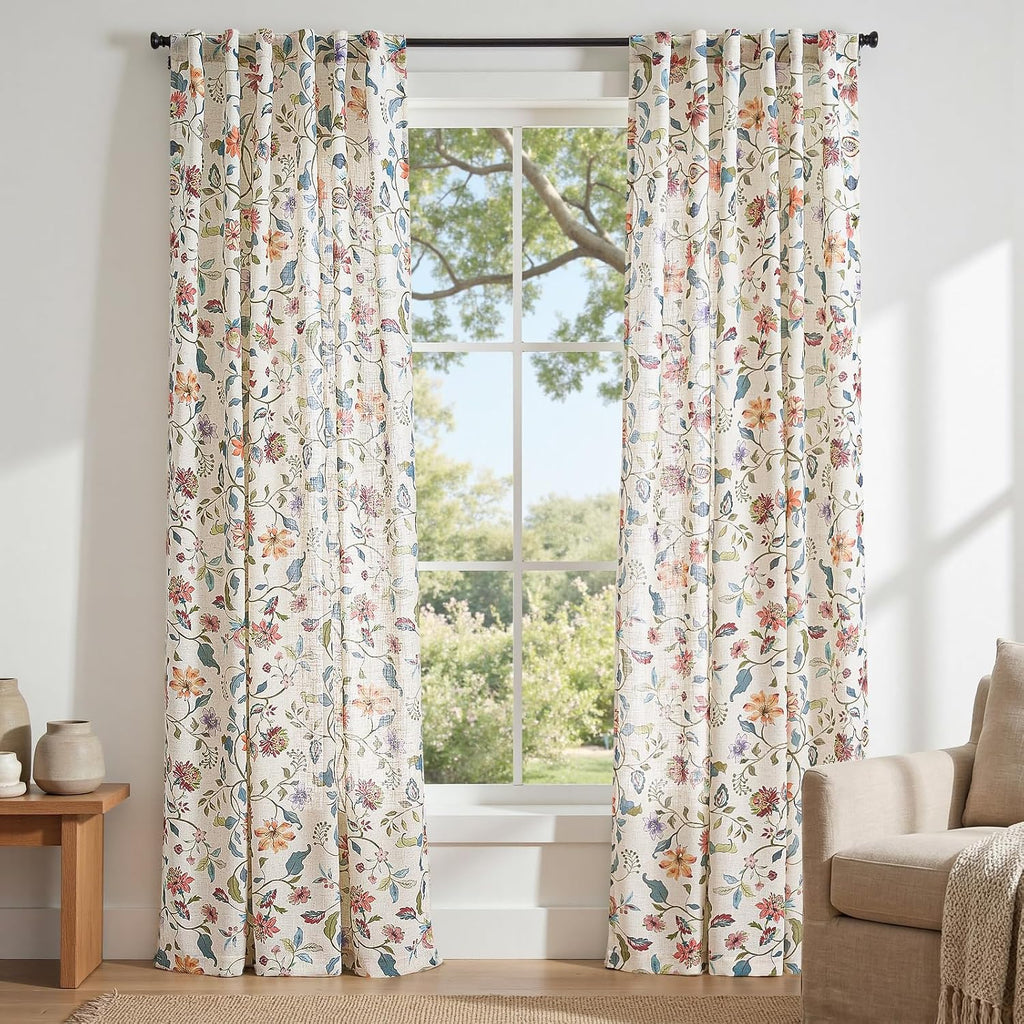 jinchan Beige Floral Linen Curtains 84 Inch Farmhouse Back Tab 2 Panels