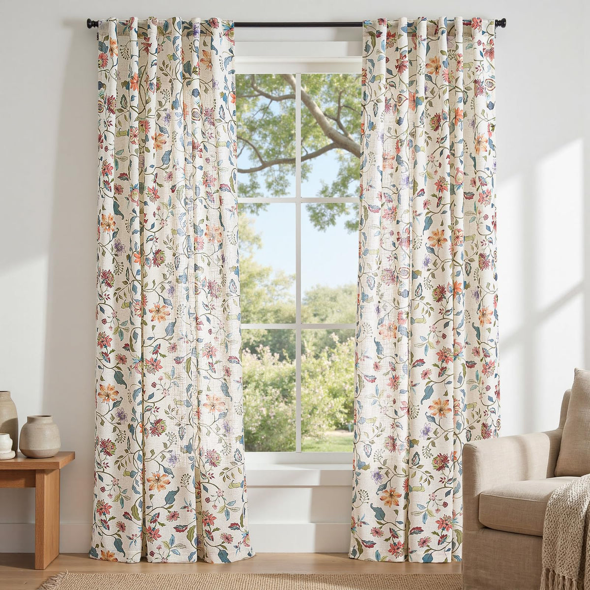 jinchan Beige Floral Linen Curtains 84 Inch Farmhouse Back Tab 2 Panels