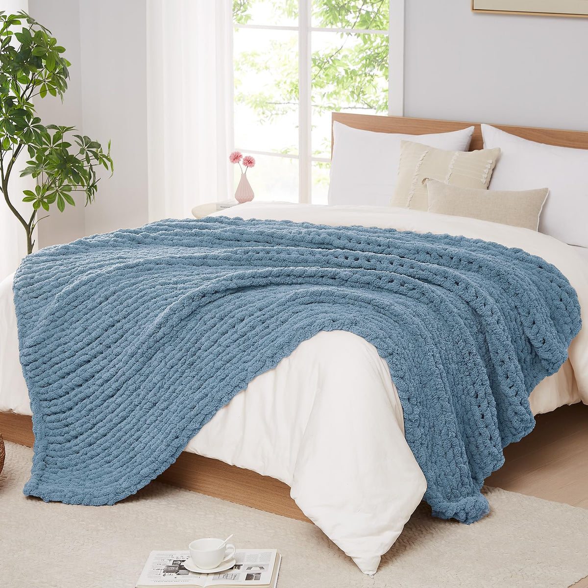 L'AGRATY Chunky Knit Throw Blanket for Couch, 50'' x 60'' Knit Throw, Ivory
