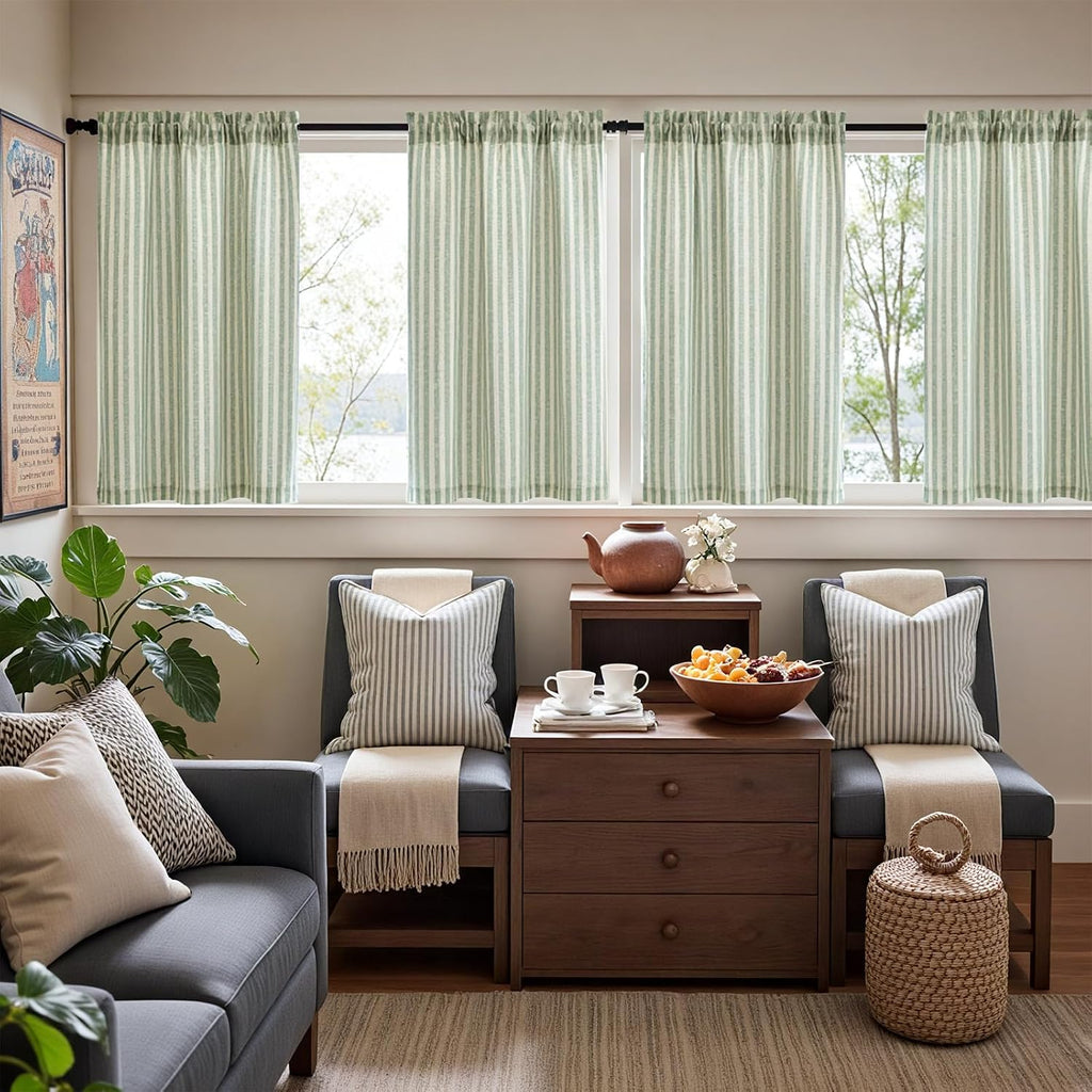jinchan Striped Linen Kitchen Curtains 36 Inches Length Tier Curtains Farmhouse Modern Cafe Style Small Window Treatments Airy Light Filtering Rod Pocket for Living Room Bathroom 2 Panels Sage Green