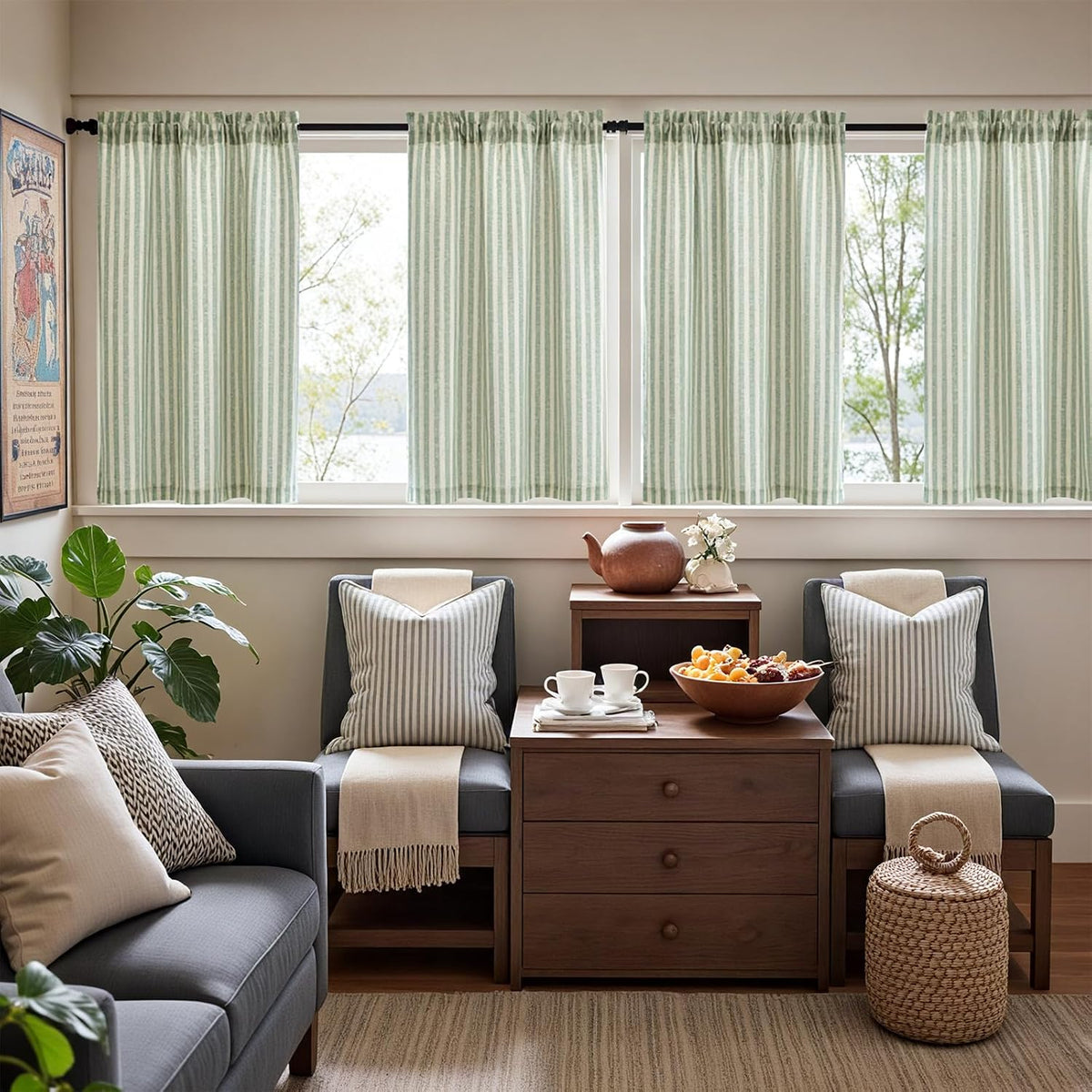 jinchan Striped Linen Kitchen Curtains 36 Inches Length Tier Curtains Farmhouse Modern Cafe Style Small Window Treatments Airy Light Filtering Rod Pocket for Living Room Bathroom 2 Panels Sage Green