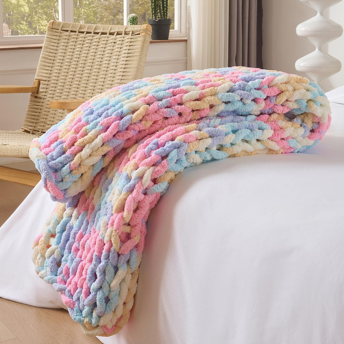 Bigacogo Chunky Knit Throw Blanket for Couch, 40x60 inches, Beige
