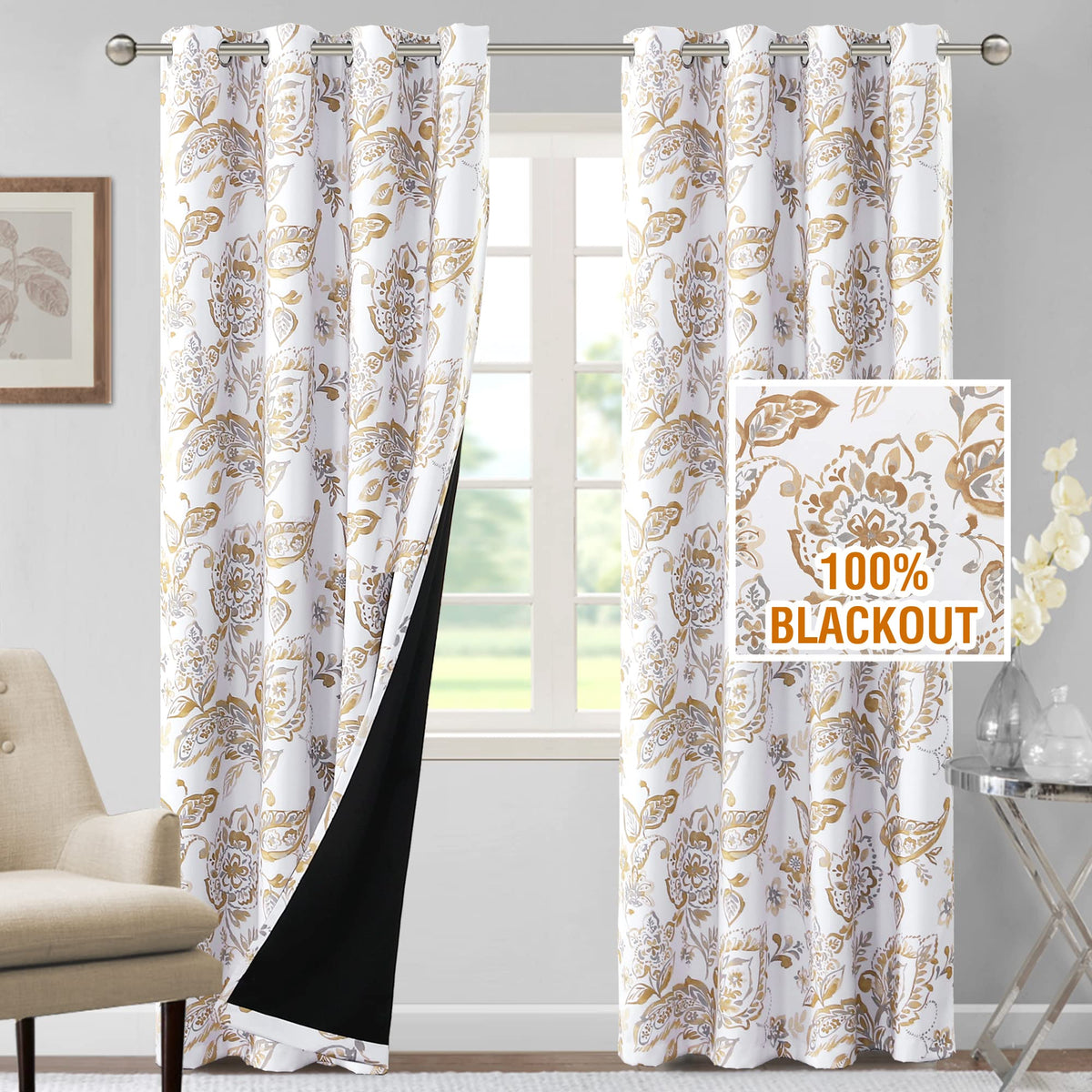 H.VERSAILTEX 100% Blackout Curtains 84 inch Length 2 Panels Set Cattleya Floral Printed Drapes Leah Floral Thermal Curtains for Bedroom with Black Liner Sound Proof Curtains, Grey and Taupe