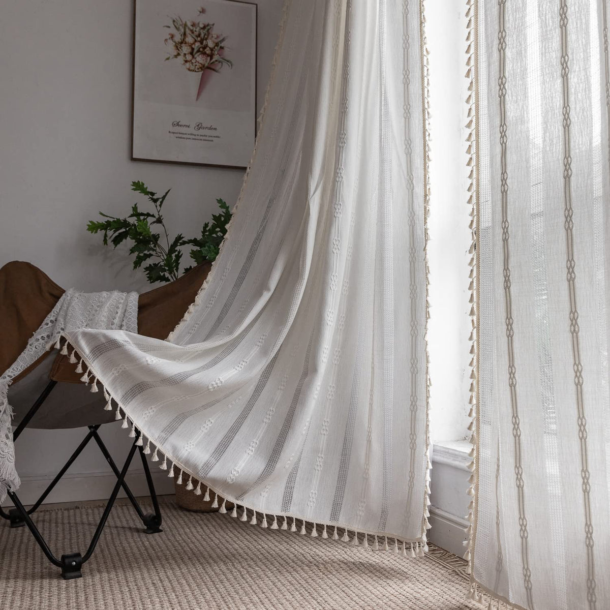 Linen Curtains 84 Inches Long - Embroidery Striped Farmhouse for Living Room, Tassel Boho for Bedroom, Light Filtering 2 Panels Set Rod Pocket Drapes (52" W x 84" L, Khaki)