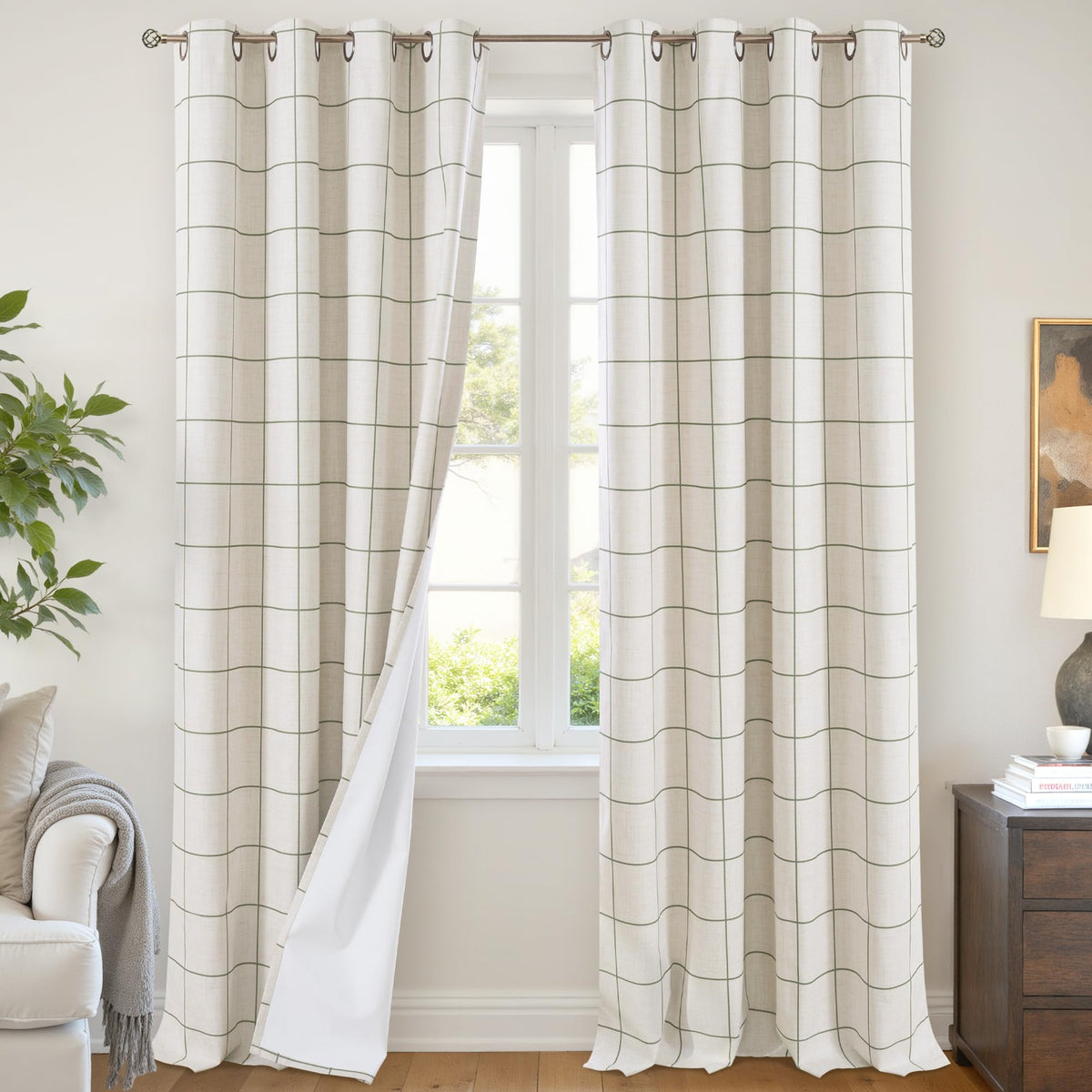 Lajode Linen Blackout Curtains - Boho Plaid 52x84 Inch 2 Panels, Natural