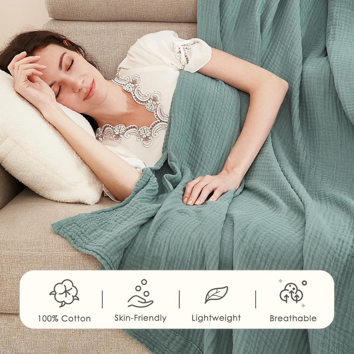 EMME Muslin Throw Blanket for Adults 100% Cotton Blankets for Couch Breathable Gauze All Season Soft and Lightweight Pre-Washed (Teal, 50"x71")