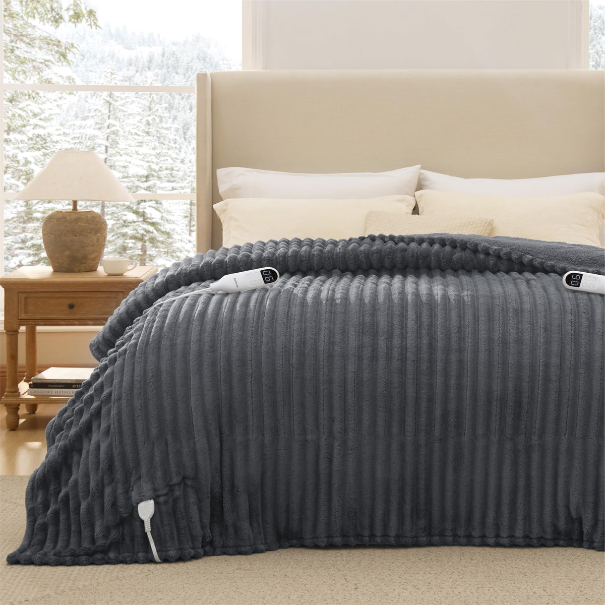 Bedsure Heated Blanket Electric Throw - Thick Striped Fast Heating Electric Blanket with Preheat Function, 6 Heat & 6 Timer (Up to 10H), 8H Auto Off, ETL Certified, Gifts for Women (50"x60", White)