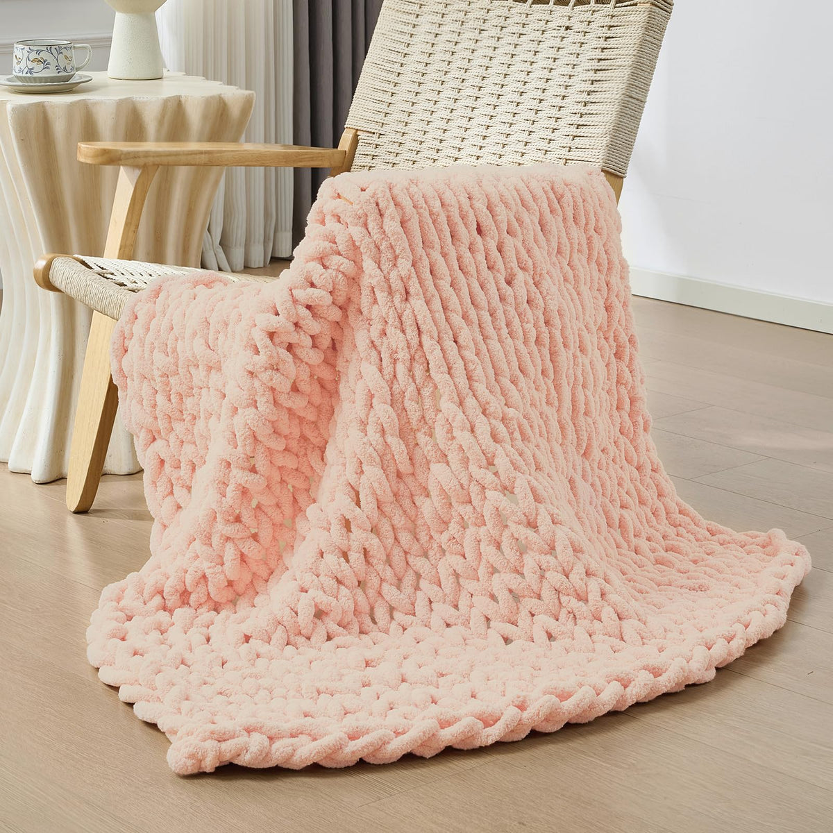 Bigacogo Chunky Knit Throw Blanket for Couch, 40x60 inches, Beige