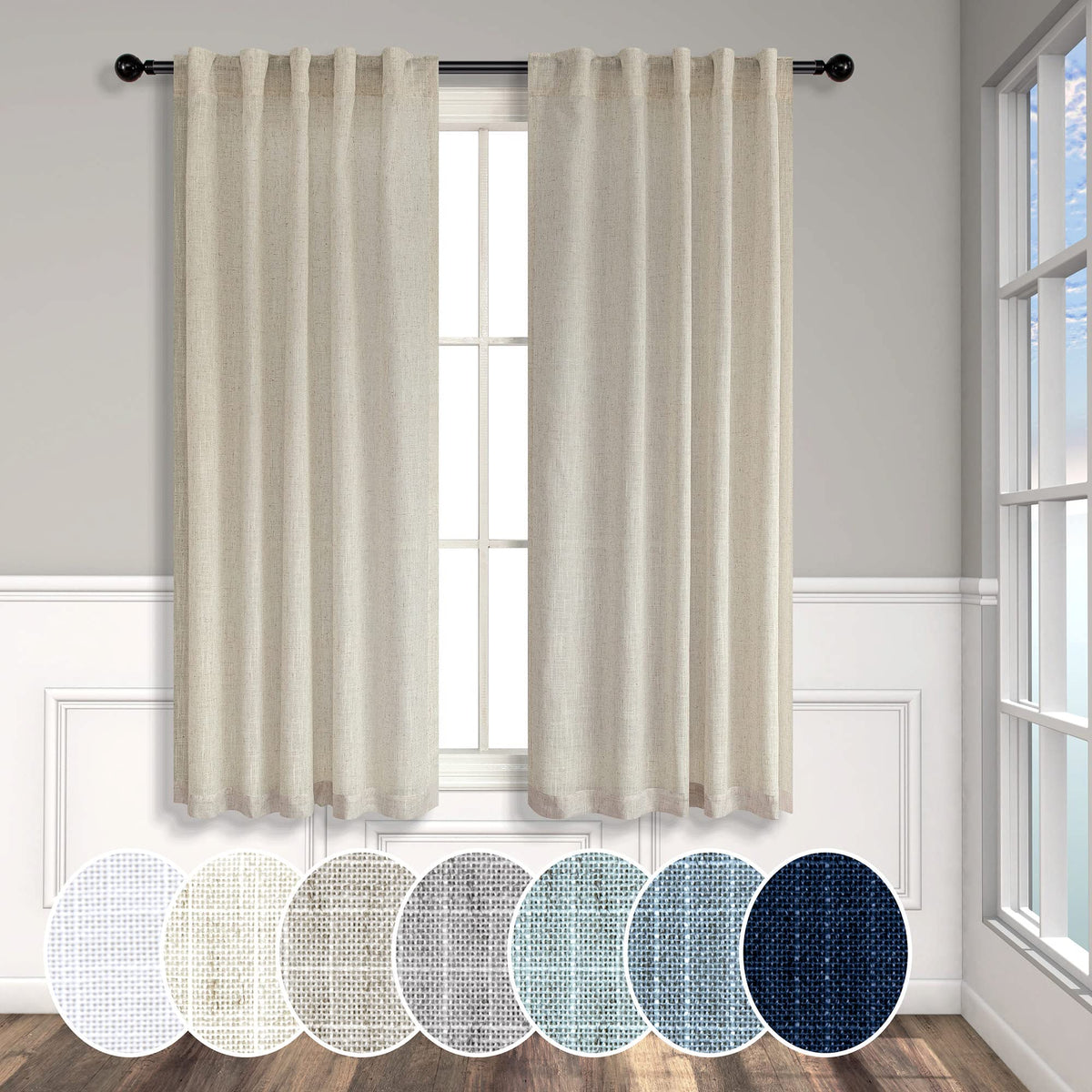 Natural Linen Back Tab Curtains 84 Inch Length for Living Room 2 Panel Pocket Drape Light Filtering Semi Sheer Neutral Country Rustic Farmhouse Boho Curtain Bedroom Muslin Look Ivory Cream Colored