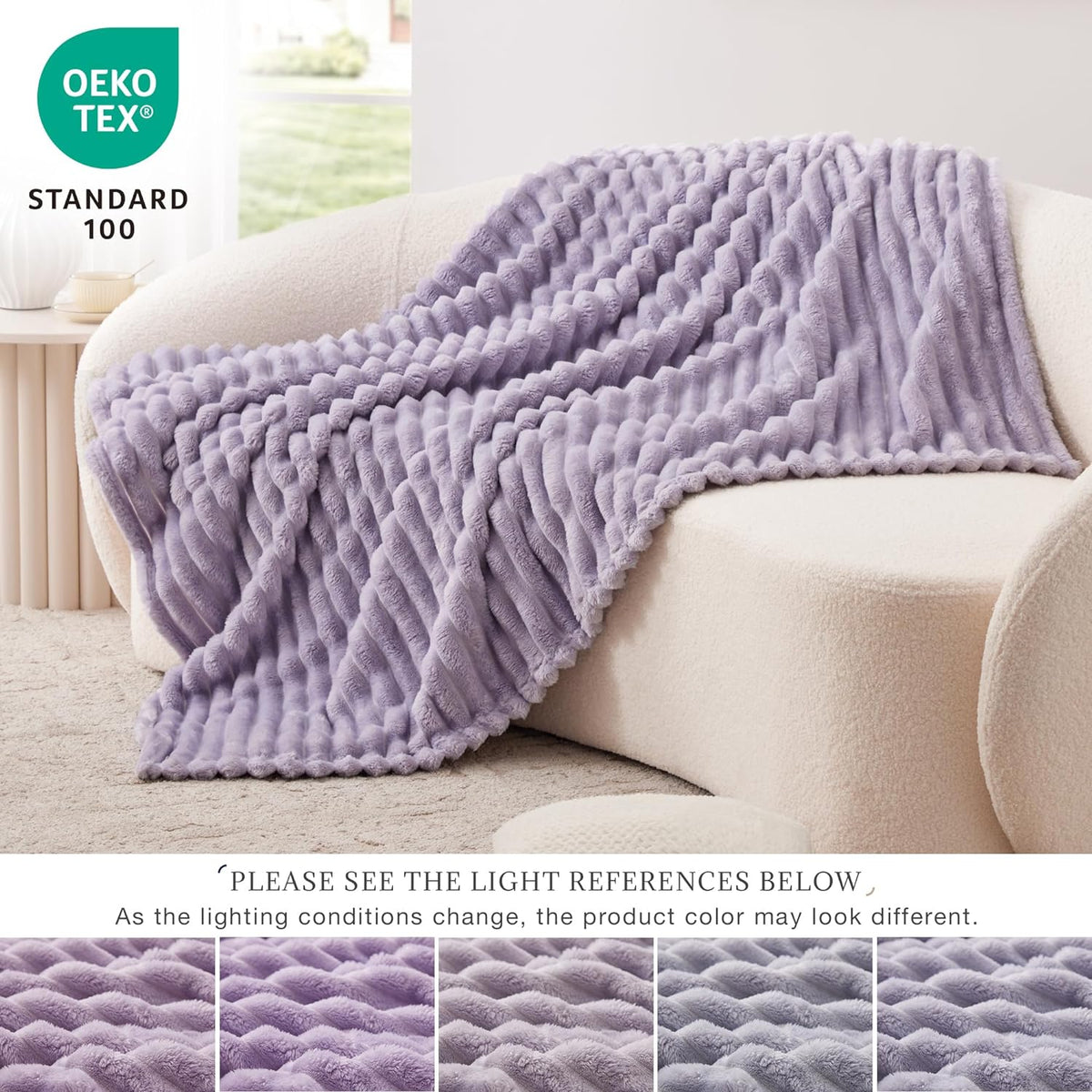 EXQ Home Stripe Jacquard Throw Blanket Light Purple for Couch Gentle Soft