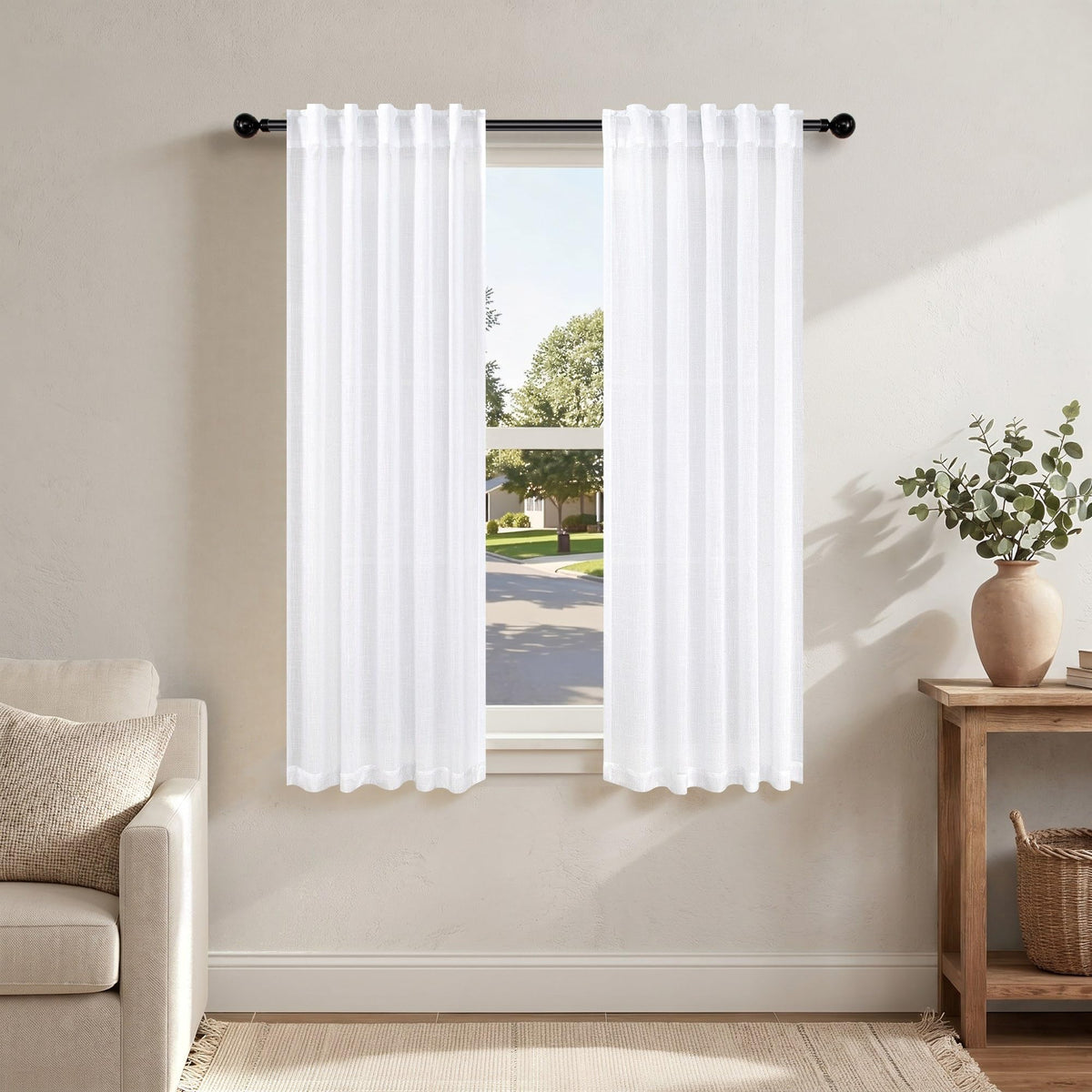 Natural Linen Back Tab Curtains 84 Inch Length for Living Room 2 Panel Pocket Drape Light Filtering Semi Sheer Neutral Country Rustic Farmhouse Boho Curtain Bedroom Muslin Look Ivory Cream Colored