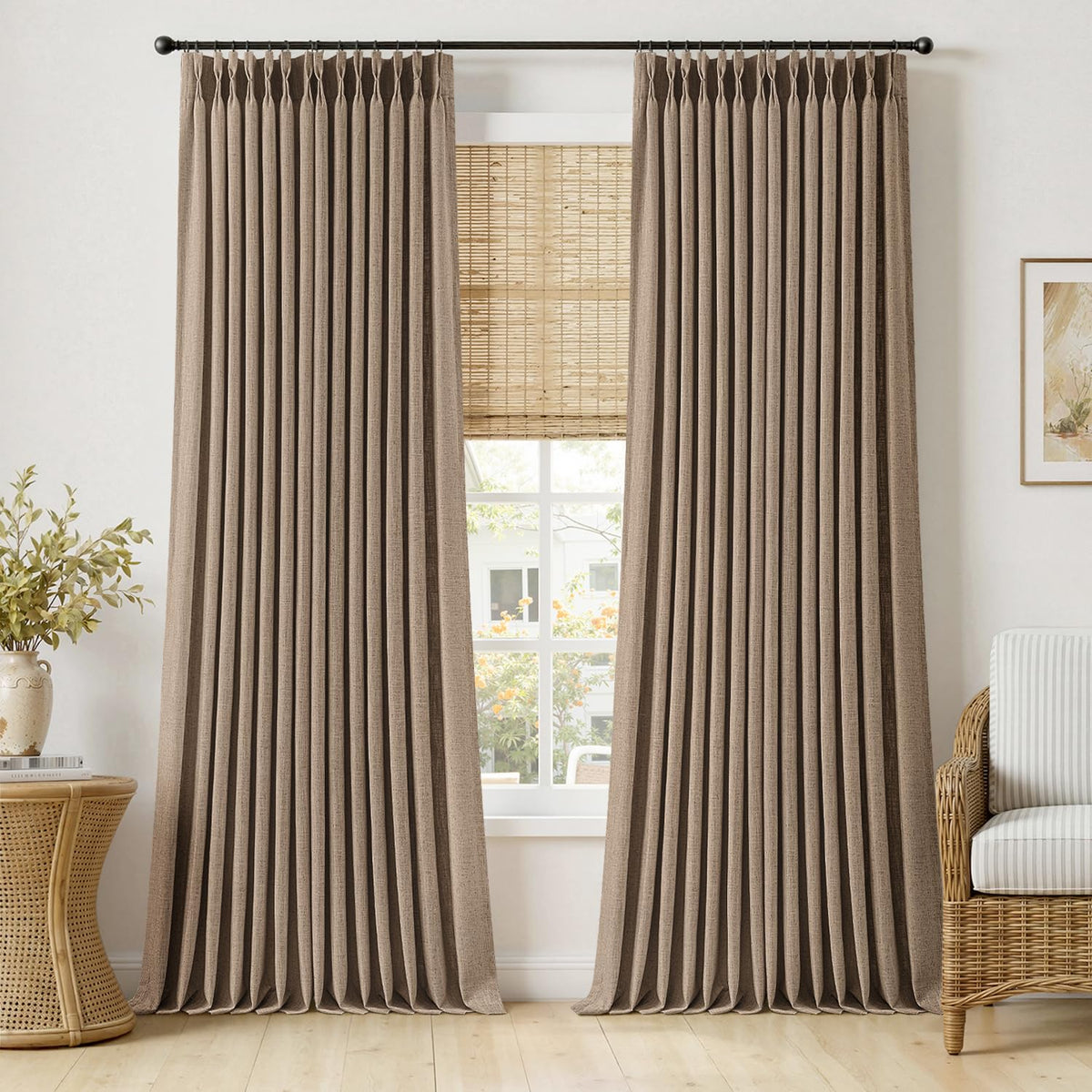 MIULEE Pinch Pleated Linen Curtains 96 Inches Long Beige White 2 Panels