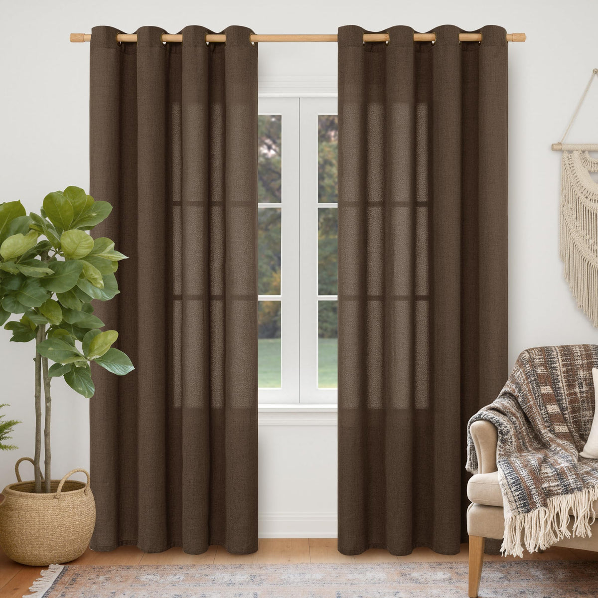 YoungsTex Linen Semi Sheer Curtains 63 Inch Length, Light Filtering Drapes