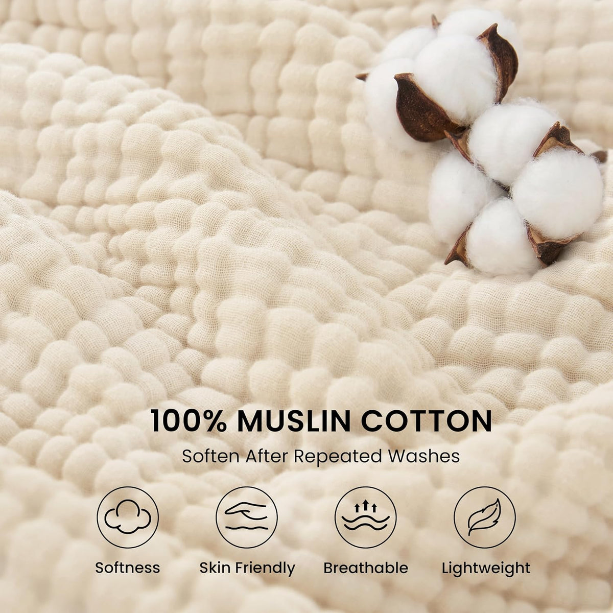 Love's cabin 100% Cotton Muslin Blanket, 6 Layer Lightweight Breathable Gauze Throw Blanket 50 x 60 Inches, Soft All Season Blanket for Couch, Bed, Sofa, Beige