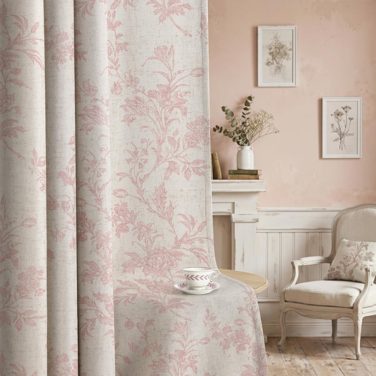 Boho Floral 100% Blackout Curtains 84 Inch 2 Panels Linen Texture