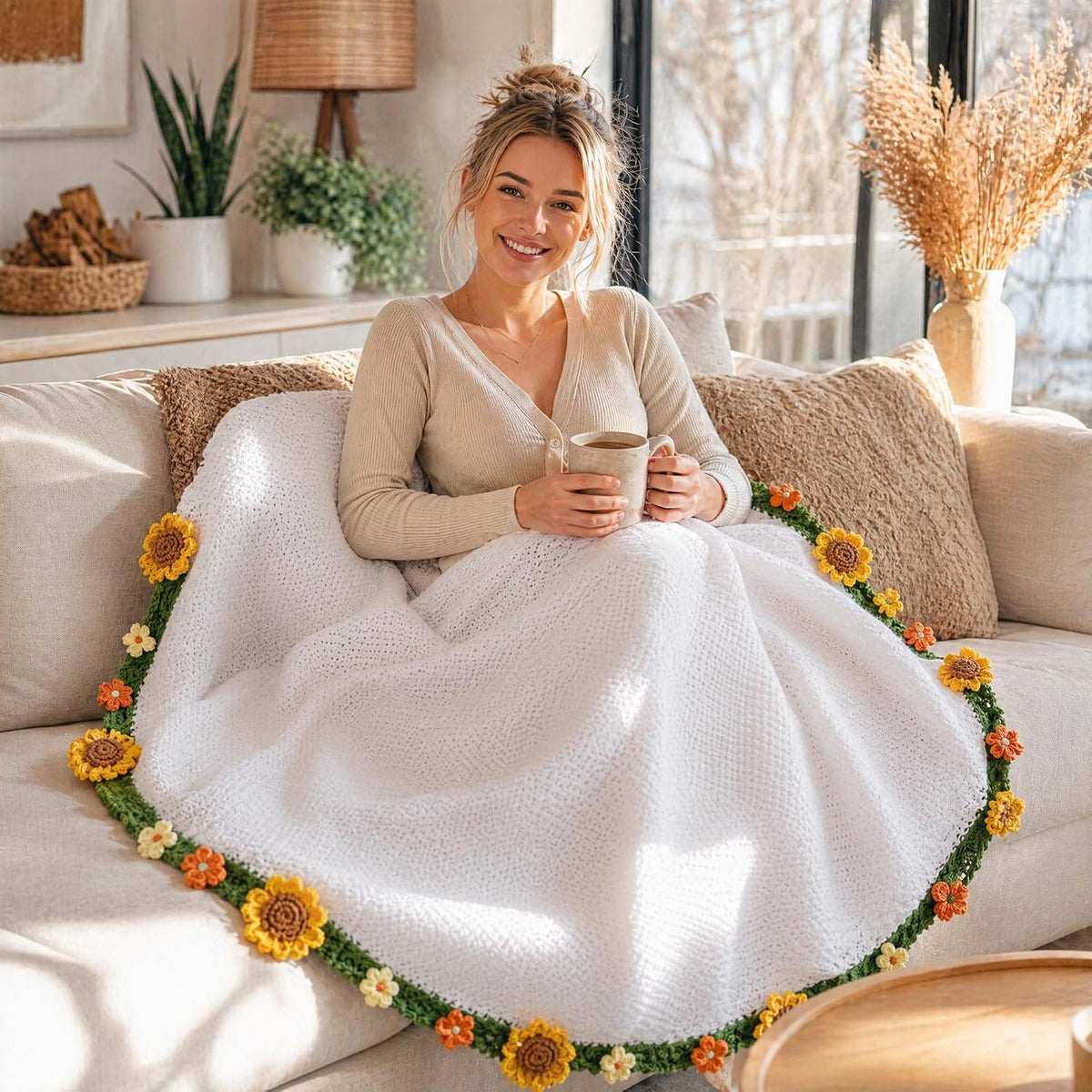 Ivydale 43inch Sunflowers Crochet Blanket Knitted Flower Bouquet Throw