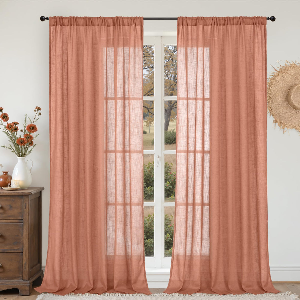 BGment Tan Linen Curtains 84 Inch Length 2 Panels Burlap Semi Sheer Drapes