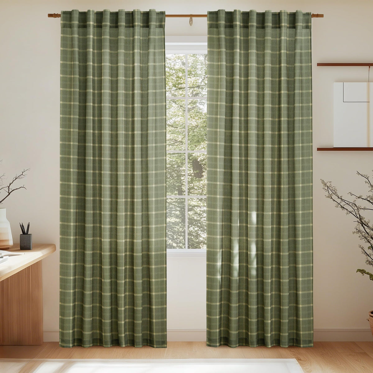 NICETOWN Moss Green Linen Plaid Curtains 96 inches Long for Bedroom