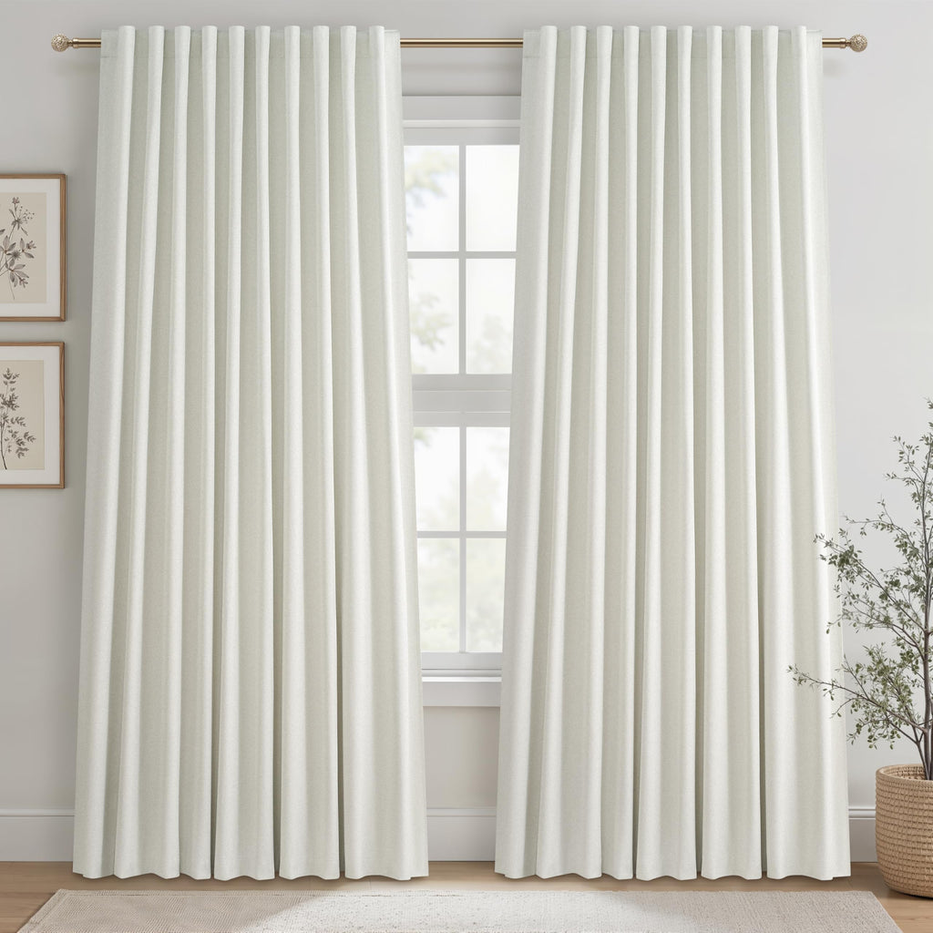 100% Blackout Curtains 84 Inch Length 2 Panels Set Farmhouse Style for Bedroom Windows/Living Room Thermal Insulated Neutral Boho Drapes Linen Blend Natural Ivory 7ft Long Hook Belt Pleated/Back Tab